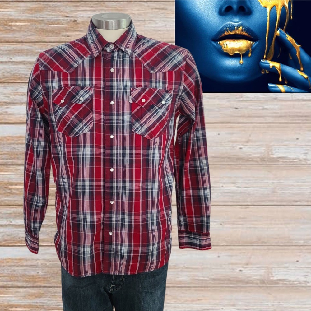 Levis Shirt Mens ‎ Red Plaid Pearl Snap Country Western Cowboy Ranch Sz S
